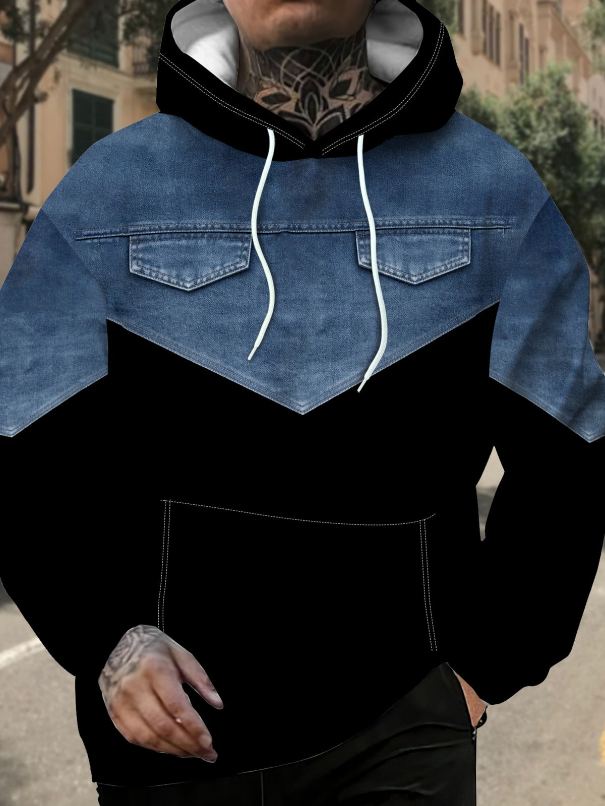 Men's Fashion Patchwork Hoodie Trendy Casual Pullover Youth Streetwear Stylish Long Sleeve, V - Mixed colors