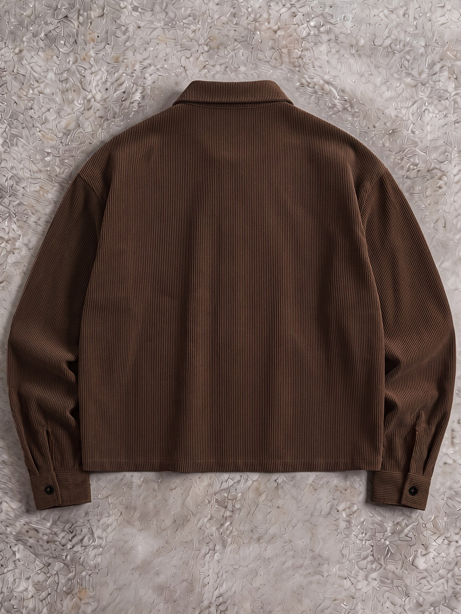 Men's Long-Sleeve Corduroy Shirt with Pocket and Woven Label, Zippered Cropped Shirt, Trendy, Simple, and Stylish Men's Casual Shirt - Coffee Color