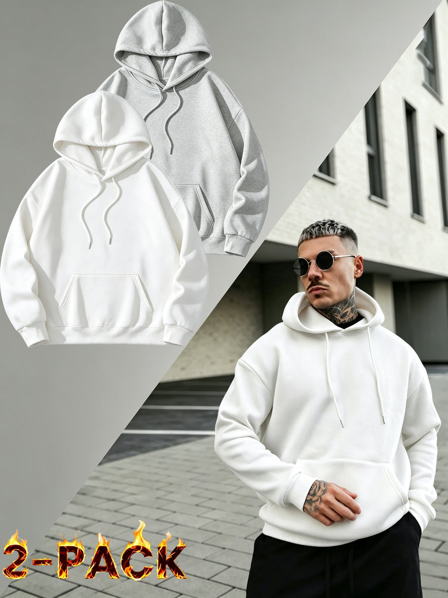 2PIECESMen's Solid Color Drop-shoulder Long-sleeve Drawstring Pocket Casual Outdoor Street Fashion Hoodie, Suitable for Autumn and Winter, Back-to-school Season - Light White+Grey