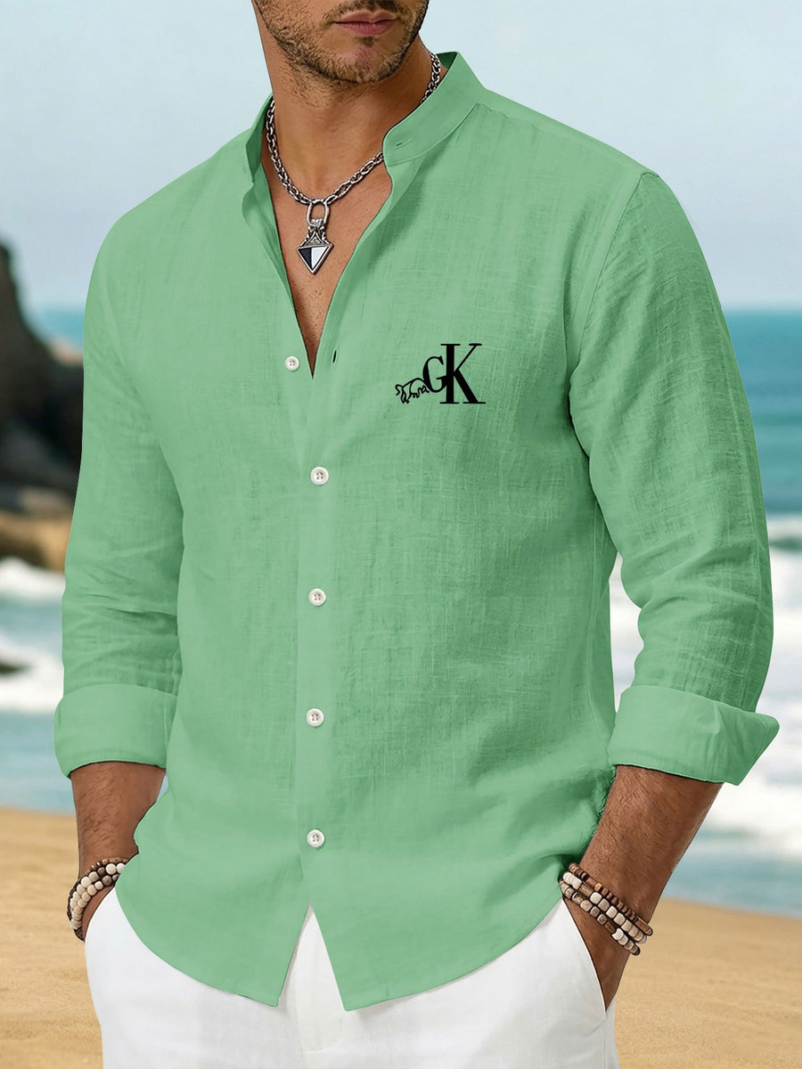 Men'S New Casual Stand-Collar Long Sleeve Shirt, Faux Linen Skin-Friendly Soft Breathable, Personalized "GK" Letter Print Button-Up Top, Suitable for Beach Activities, Island Vacation Style And Party Casual Commute - Green