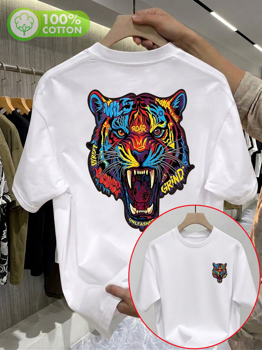 100% Pure Cotton Crew Neck Short Sleeve T-Shirt, Unisex. Features a Dazzling Tiger Head Graffiti Graphic with Double-sided Front and Back Prints, Vibrant Color-blocking, and Trendy Lettering. Breathable and Non-sticky on the Back - White