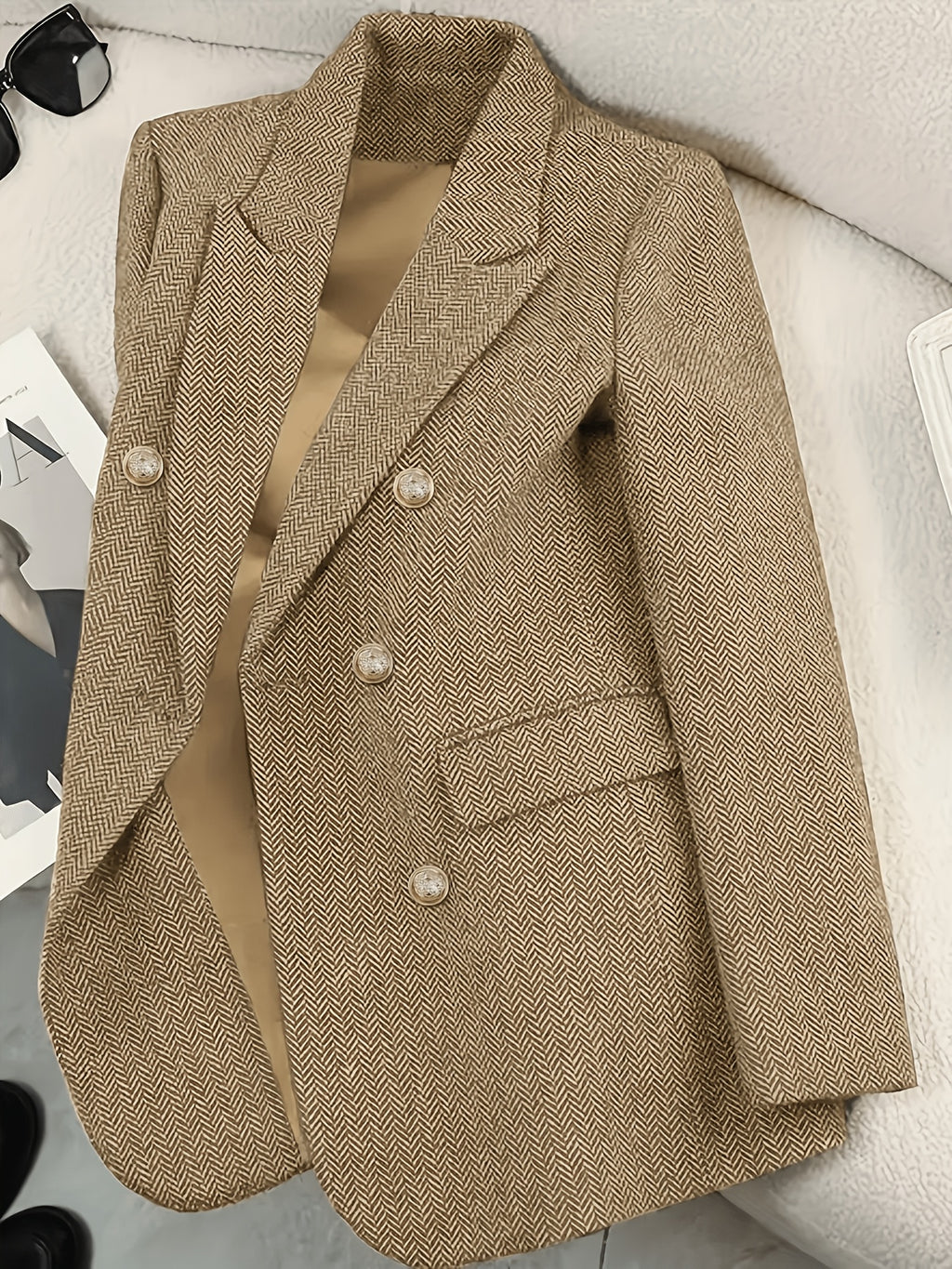Retro Fashion Herringbone Twill Tweed Double-Breasted Suit Jacket - Khaki
