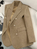 Retro Fashion Herringbone Twill Tweed Double-Breasted Suit Jacket - Khaki
