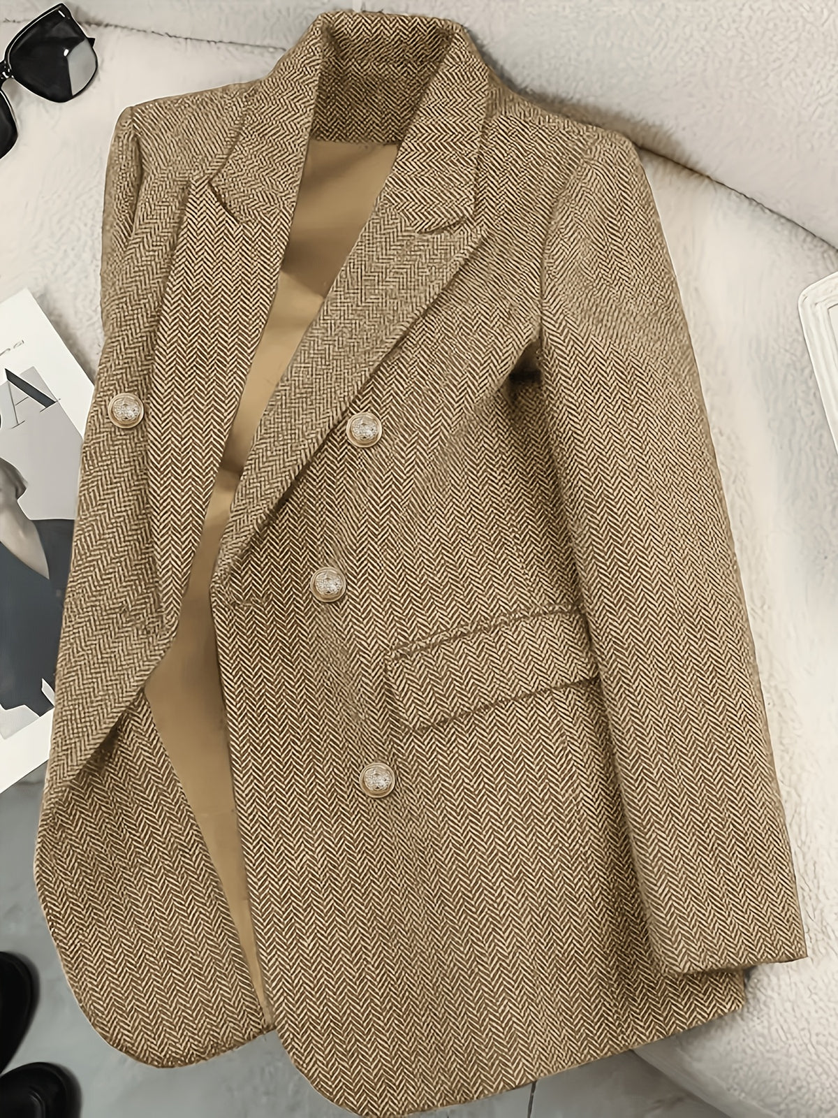Retro Fashion Herringbone Twill Tweed Double-Breasted Suit Jacket - Khaki