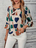 Women's Casual Geometric Heart Print Crew Neck Flared Sleeve Loose Fit Shirt for Daily Wear - Mixed colors