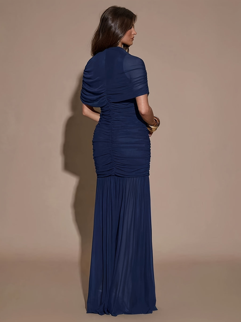 Navy Blue Off-Shoulder Short Sleeve Mesh Long Dress for Women, High Neck Single Shoulder Drape Ruched Waist Slimming -Hugging Fishtail Floor-Length Gown, Solid Color Light Luxury Premium Evening Dress, Slimming Drape Flowy Mesh Fabric - Blue