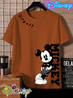 Disney Mickey Black And White Vertical Letter Print Round Neck Short Sleeve T-Shirt, a Minimalist And Trendy Top - Yellowish-brown