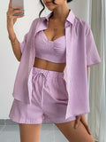 2025 Summer New Three-Piece Set Featuring a Striped Print Cami Top, Knotted Front Shorts, And a Shirt - Violet
