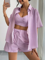 2025 Summer New Three-Piece Set Featuring a Striped Print Cami Top, Knotted Front Shorts, And a Shirt - Violet