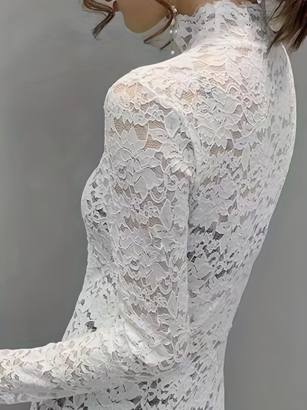 Lace Mock Neck Slim Top, Sexy Long Sleeve Top For Spring & Fall, Women's Clothing - White