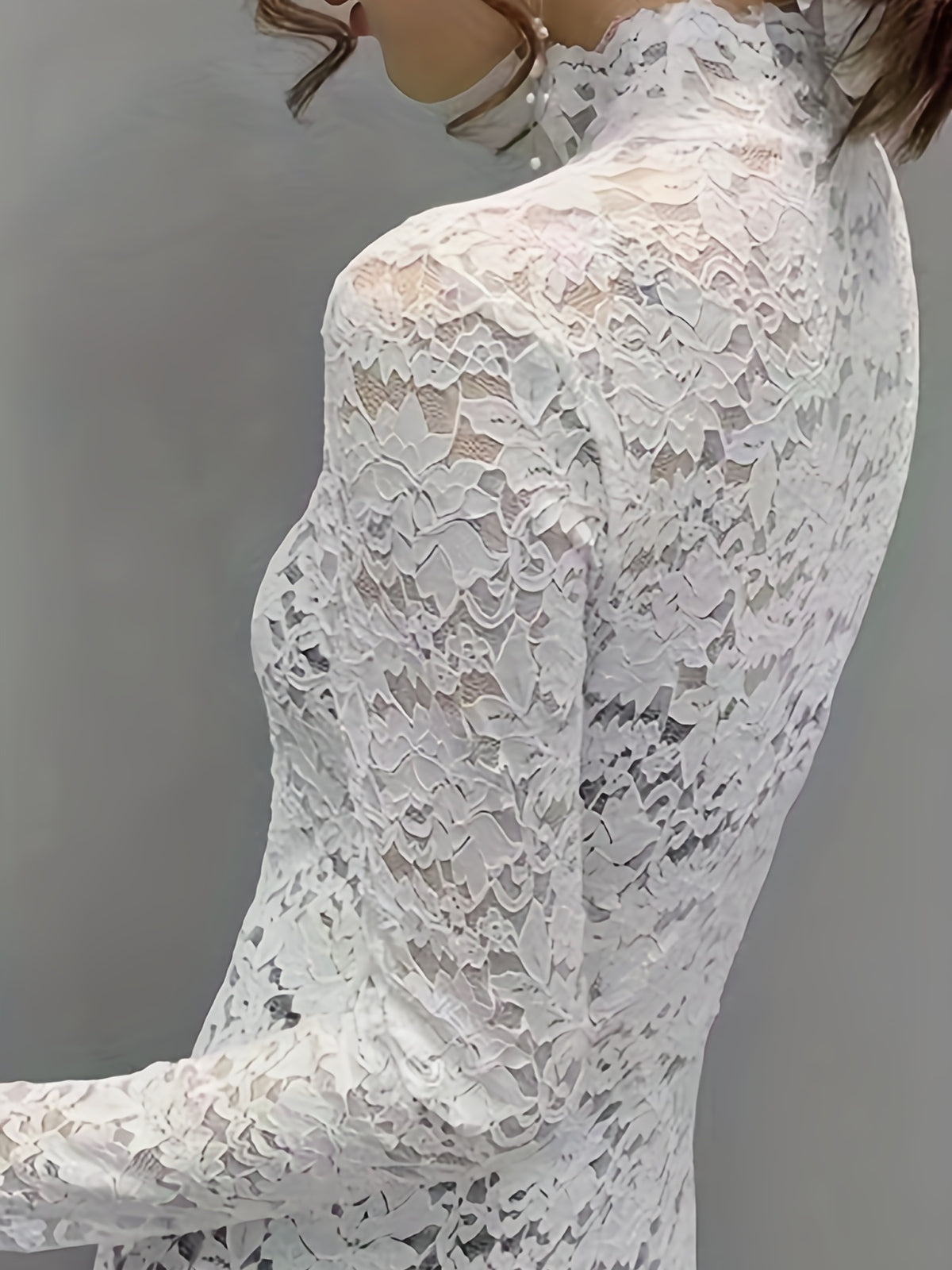 Lace Mock Neck Slim Top, Sexy Long Sleeve Top For Spring & Fall, Women's Clothing - White