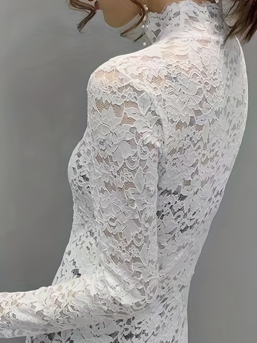 Lace Mock Neck Slim Top, Sexy Long Sleeve Top For Spring & Fall, Women's Clothing - White