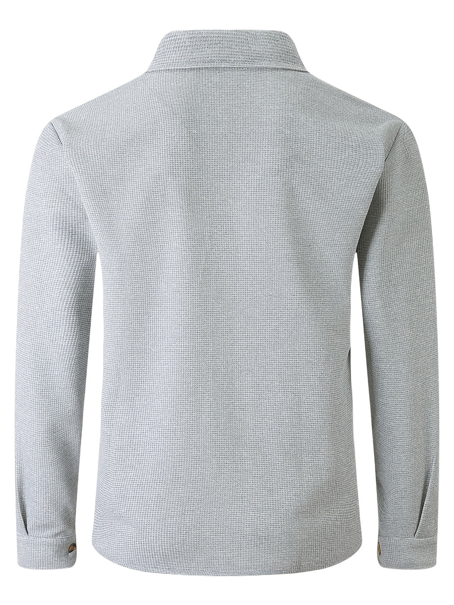 Men Fall Winter Waffle Knit Shacket, Long Sleeve Button Up Collared Shirt Jacket with Pocket, Casual Overshirt Outer Coat, Solid, Comfortable, Loose Fit - Grey