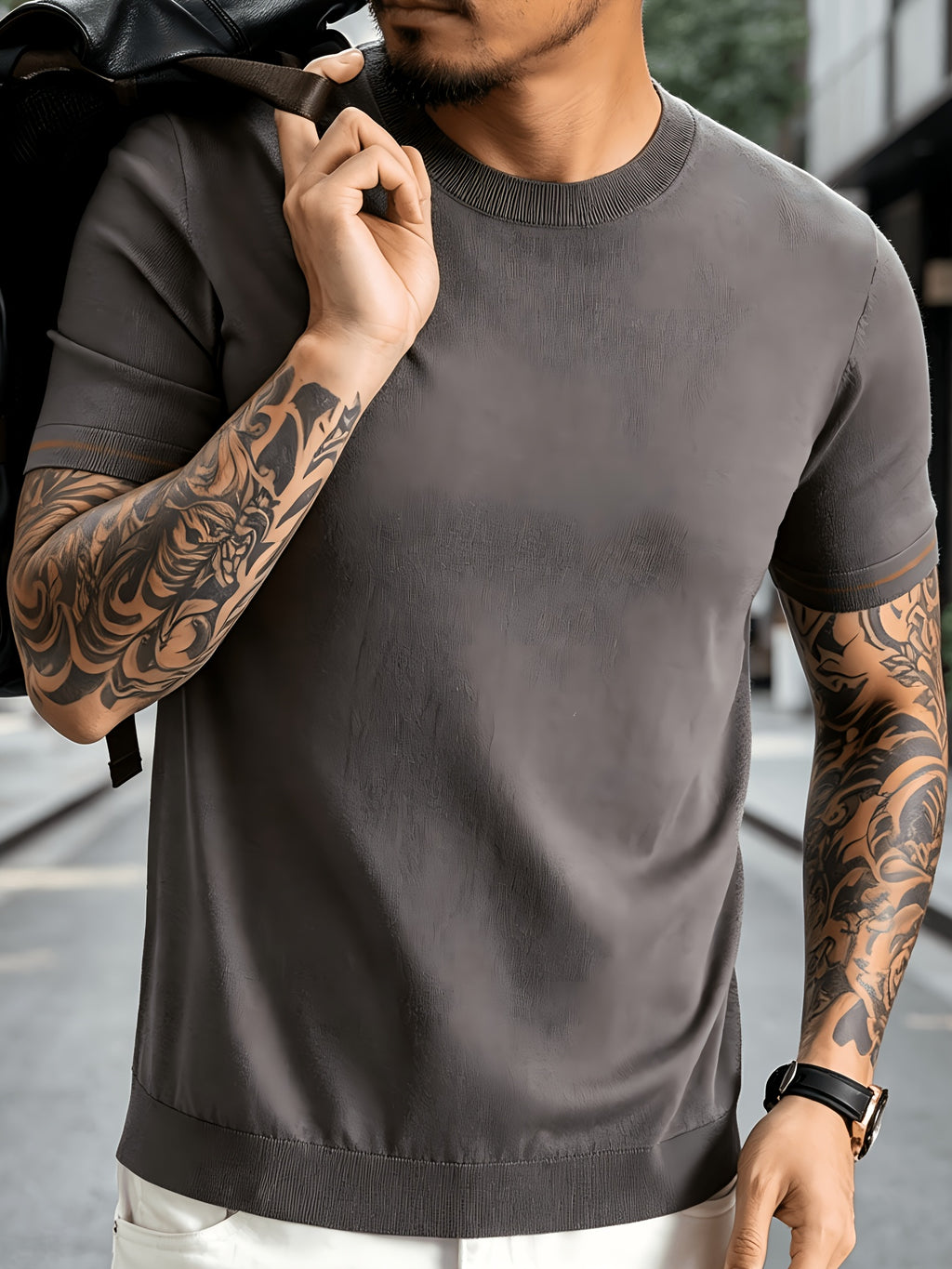 Men' Summer Short-Sleeve Knit Shirt with White-Trimmed Cuff - Stretchable Round Neck -Compatible Suitable for Urban Streetwear & Business Casual, Solid Color Multi-Color Tunic Top for Commuting and Office Wear - Rock Ash
