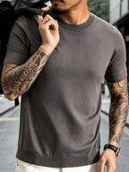 Men' Summer Short-Sleeve Knit Shirt with White-Trimmed Cuff - Stretchable Round Neck -Compatible Suitable for Urban Streetwear & Business Casual, Solid Color Multi-Color Tunic Top for Commuting and Office Wear - Rock Ash
