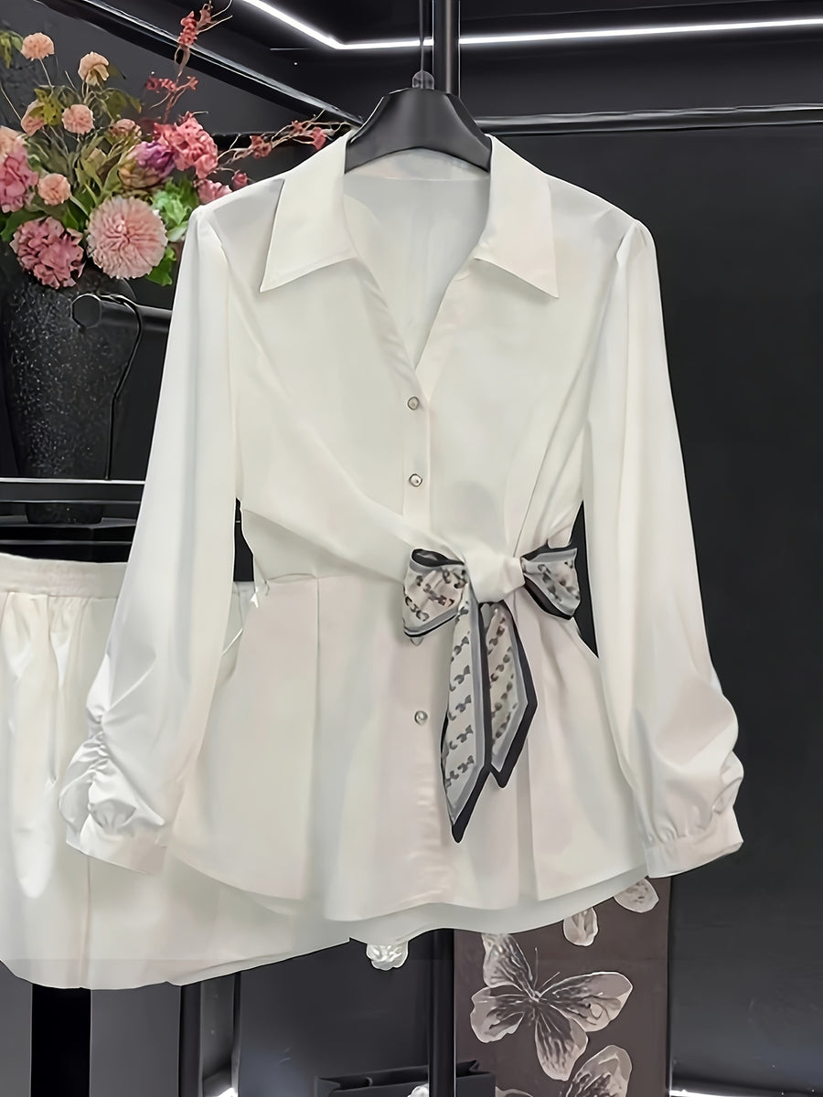 High-End Feel Commuter Versatile Exquisite Women's Shirt, Spring/Summer New Arrival Long-Sleeve Top, Waist-Cinching Stylish Blouse - White