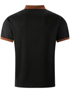 Men'S Short-Sleeve Plaid Knit Henley Shirt with Contrasting Brown Trim, Featuring a Stand Collar Design, Casual Button-Up Front, Breathable Vintage Street Style Clothing - Black