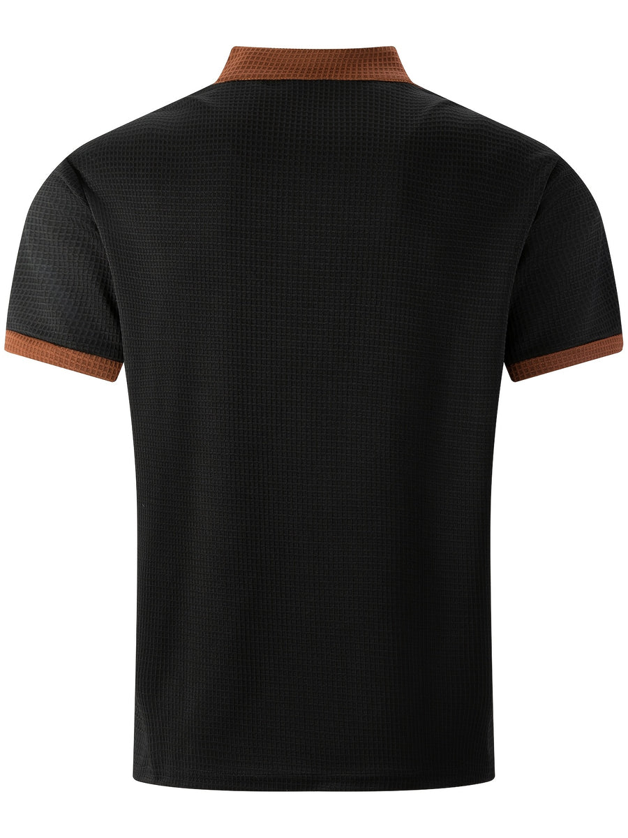 Men'S Short-Sleeve Plaid Knit Henley Shirt with Contrasting Brown Trim, Featuring a Stand Collar Design, Casual Button-Up Front, Breathable Vintage Street Style Clothing - Black