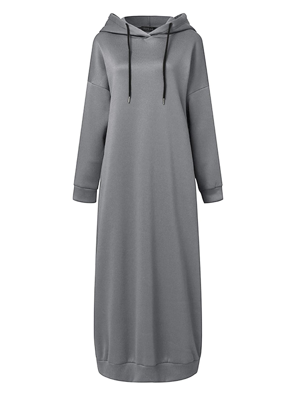 Women Baggy Middle East Solid Color Hooded Long Sleeve Drawstring Design Loose Thin Spring Fall Simple All-match Casual Abayas Sweatshirt Dress - Grey