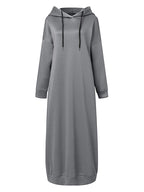 Women Baggy Middle East Solid Color Hooded Long Sleeve Drawstring Design Loose Thin Spring Fall Simple All-match Casual Abayas Sweatshirt Dress - Grey