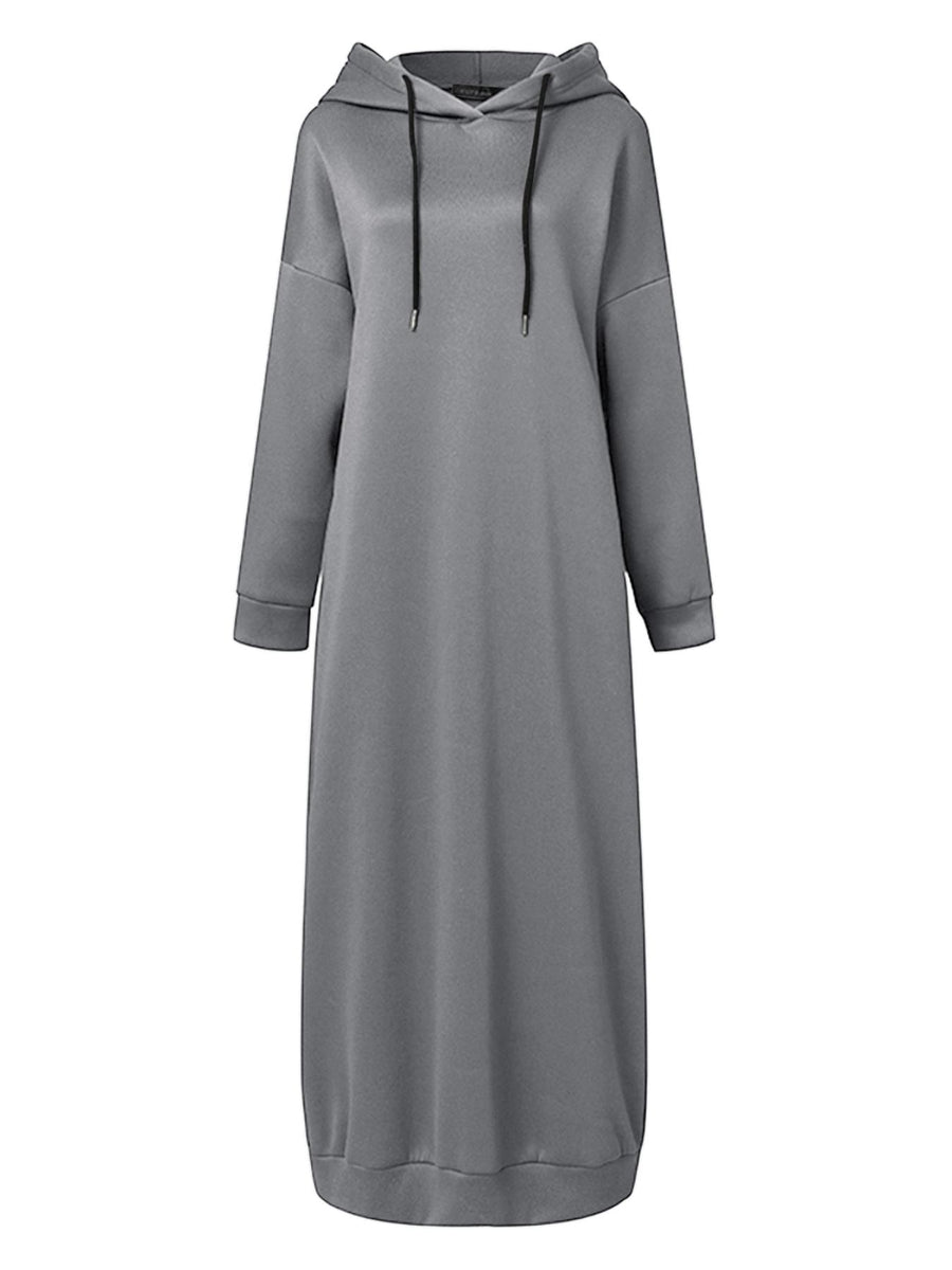 Women Baggy Middle East Solid Color Hooded Long Sleeve Drawstring Design Loose Thin Spring Fall Simple All-match Casual Abayas Sweatshirt Dress - Grey
