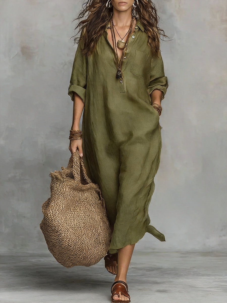Women's Elegant Lapel Loose-Fit Long Sleeve Maxi Dress, Skin-Friendly and Breathable Faux Linen Fabric, Versatile for Vacation, Commuting, and Daily Wear, Flattering and Minimalist Design, Relaxed Style Long Dress for Spring, Summer, and Autumn - Military Green