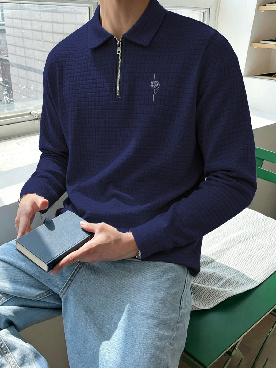 National Charm Tiger Head Line Art Print Floral Waffle Knit Half-Zip Polo Long Sleeve Men's Casual Top, Featuring a Simple and Premium Texture That Complements All Dressing Styles. Easily Create a Minimalist Look, Whether for Daily Commutes - Navy Color