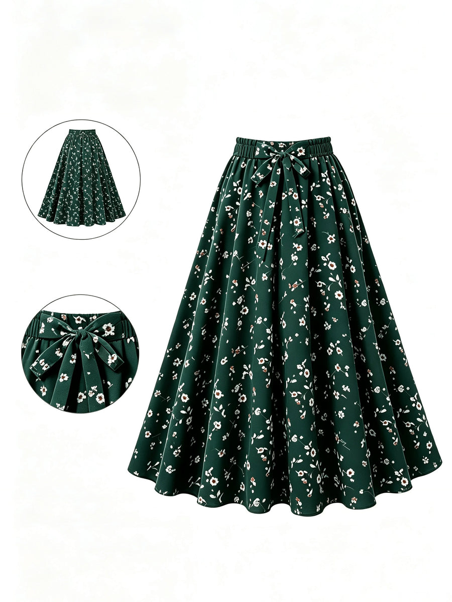 Leopard Print High-Waist Flared Midi Skirt Women'S Elastic Waist Bow Tie A-Line Swing Skirt Casual Daily Party Streetwear Long Skirts - Dark Green