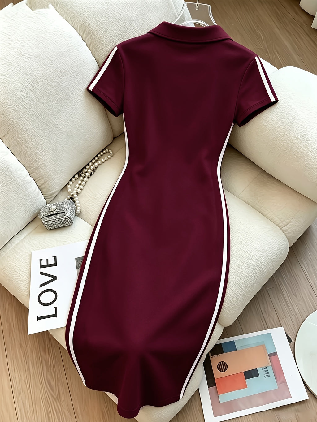 Ladies Bow Print Side Stripe Polo Collar Dress, Slim Fit Hip Wrap Dress for Summer - Burgundy