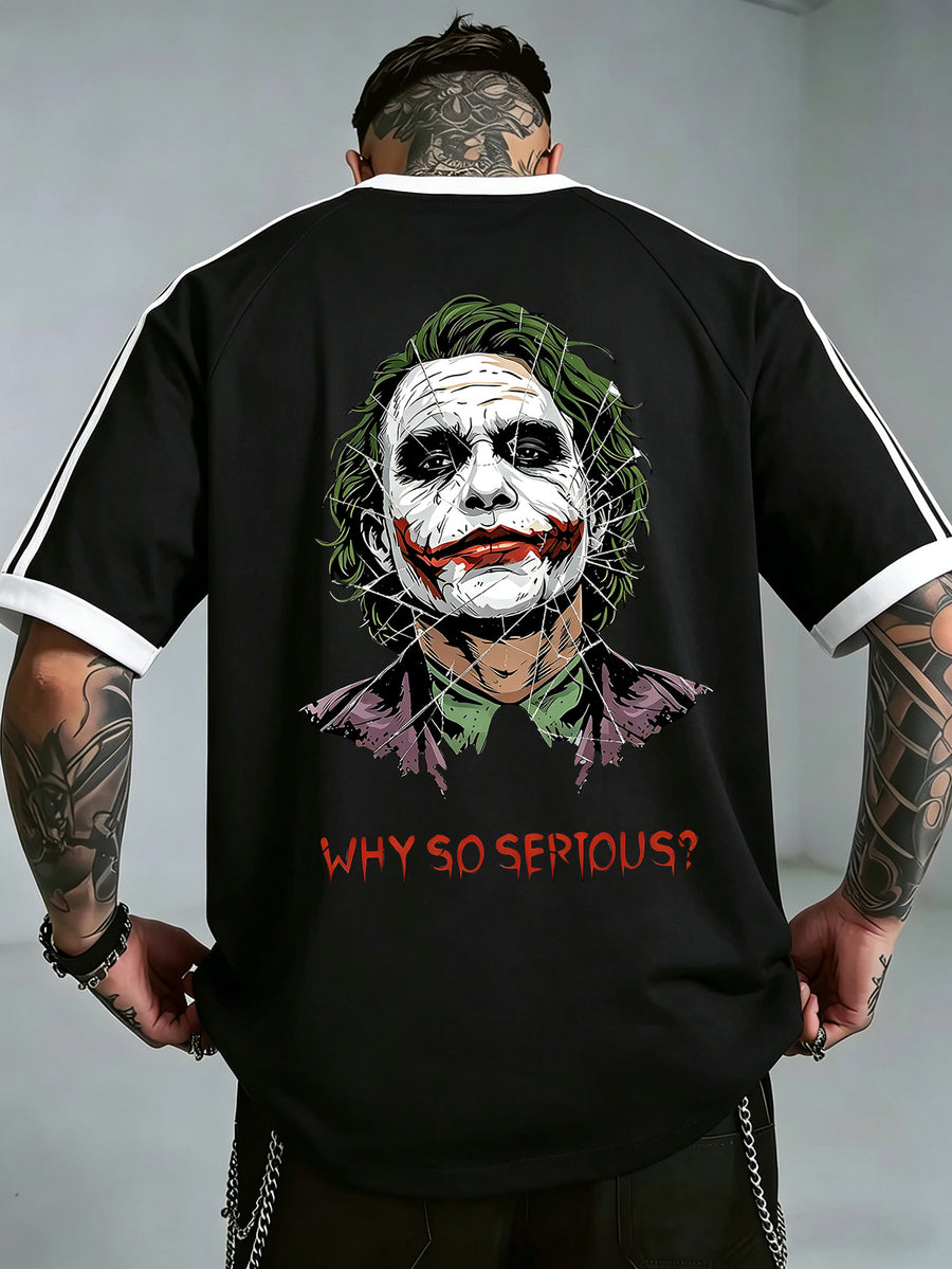 Warner Bros Official American Dark Style Drop-Shoulder Pure T-Shirt, Exquisite Hand-Painted Texture Green-Haired Joker Street Vibe Loose Fit Top, Double-Sided Front and Back Print, Men's 100% Pure Versatile Sporty Casual Style Summer Short-Sleeve - Black