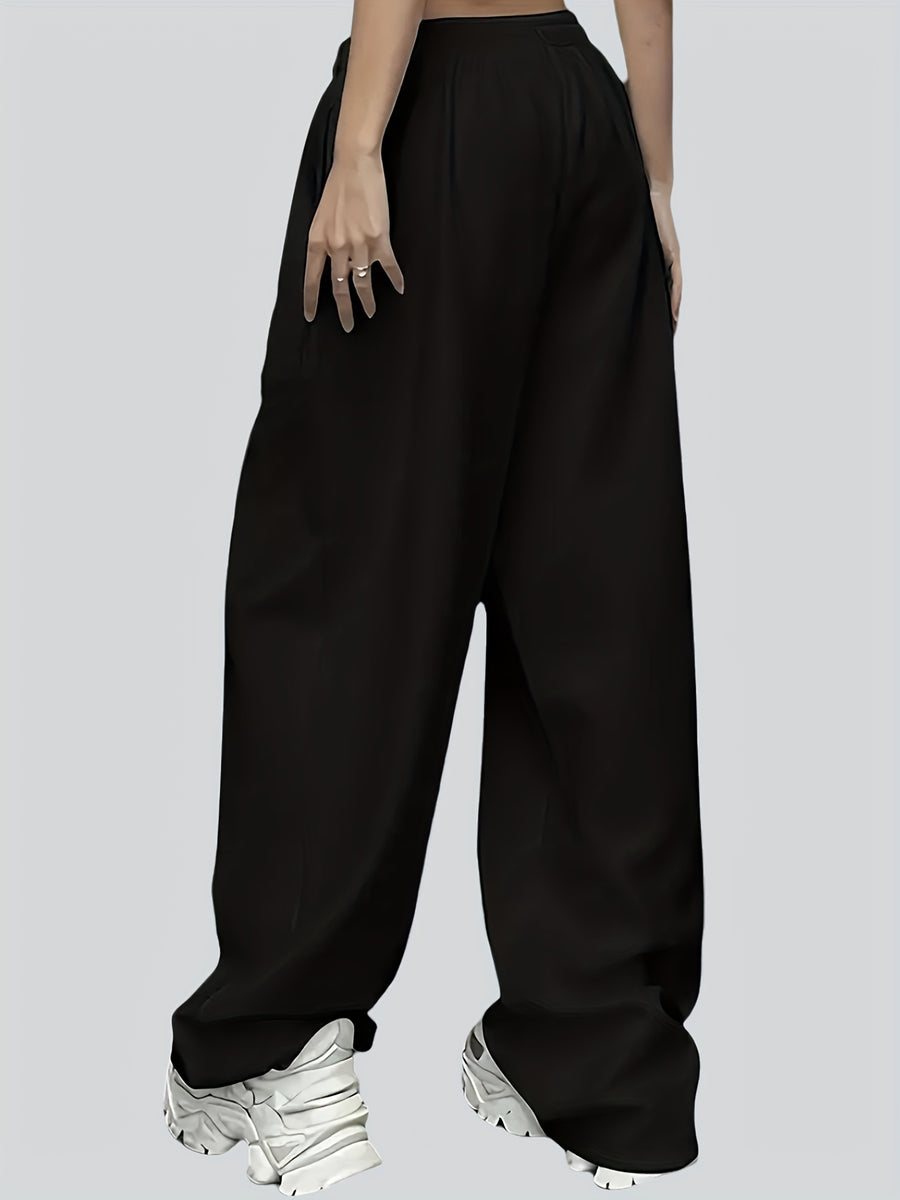 2pcs Plus Size Women'S Casual Wide-Leg Athletic Pocket Sweatpants, Solid Color Drawstring Pattern Printed Sweatpants - Black+Light Blue