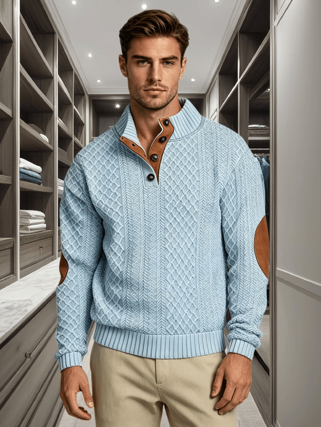 3pcs Men'S Textured Jacquard Knit Sweater Retro Casual Button-Up Stand Collar Long Sleeve Top for Autumn Winter Outing Home Versatile Basic Solid Color - Sky Blue 2 + Khaki