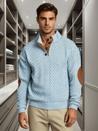 3pcs Men'S Textured Jacquard Knit Sweater Retro Casual Button-Up Stand Collar Long Sleeve Top for Autumn Winter Outing Home Versatile Basic Solid Color - Sky Blue 2 + Khaki