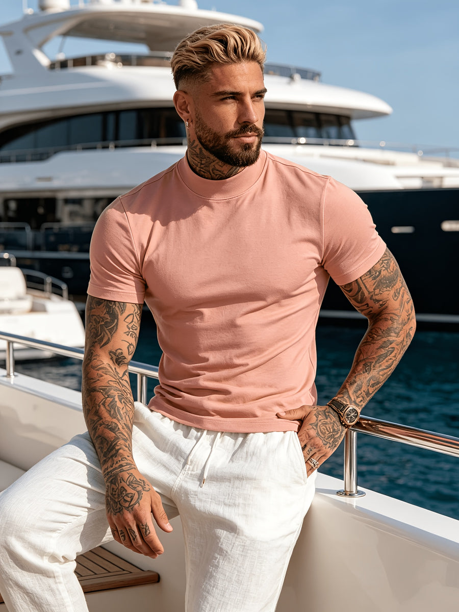 2pcs Spring/Summer New Arrival Men's Tops, Fashionable Sporty Mid-High Neck Short Sleeve Outerwear, Casual, Comfortable, Lightweight, Skin-Friendly, Trendy, Versatile, Refreshing, and Durable - Multicolor 6