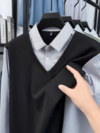 Men's Stretch 2-in-1 Look Polo Long Sleeve Shirt, Striped Shirt Collar Patchwork Polo Top, Smooth, Fine, and Skin-Friendly Fabric, Business Commute, Business Trip, and Travel Top, Loose and Casual Men's Clothing for Daily Wear and Home - Black