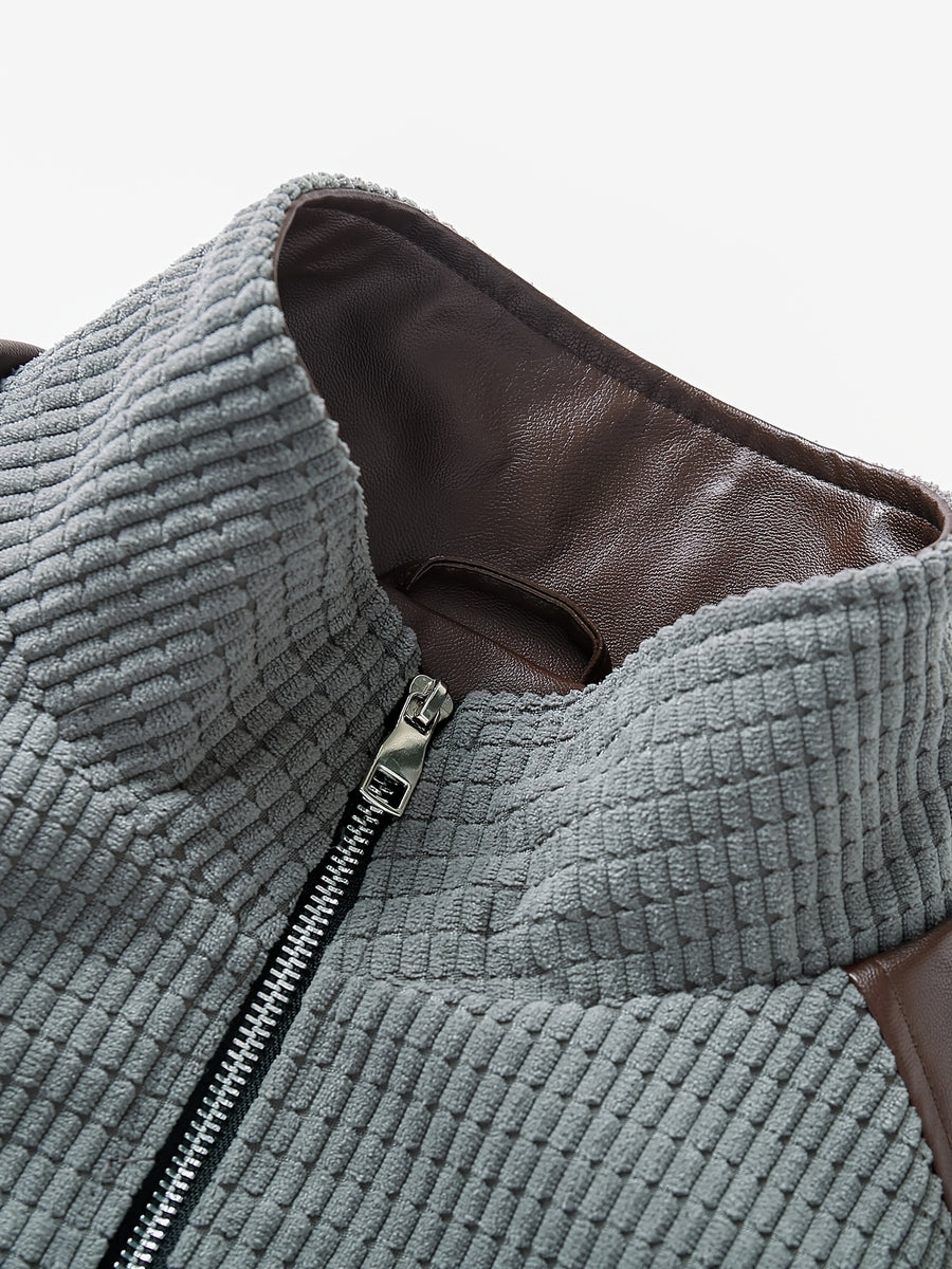 Adult Men'S Stand-Up Collar Patchwork Motorcycle Jacket for Daily Outing Windproof Casual All-Match Single Wear Inner Layer Plaid Knit Patchwork Fabric Fitted Short Stand-Up Collar Style Street Riding Commute Spring Autumn Wear Metal Zipper Ribbed C - Grey