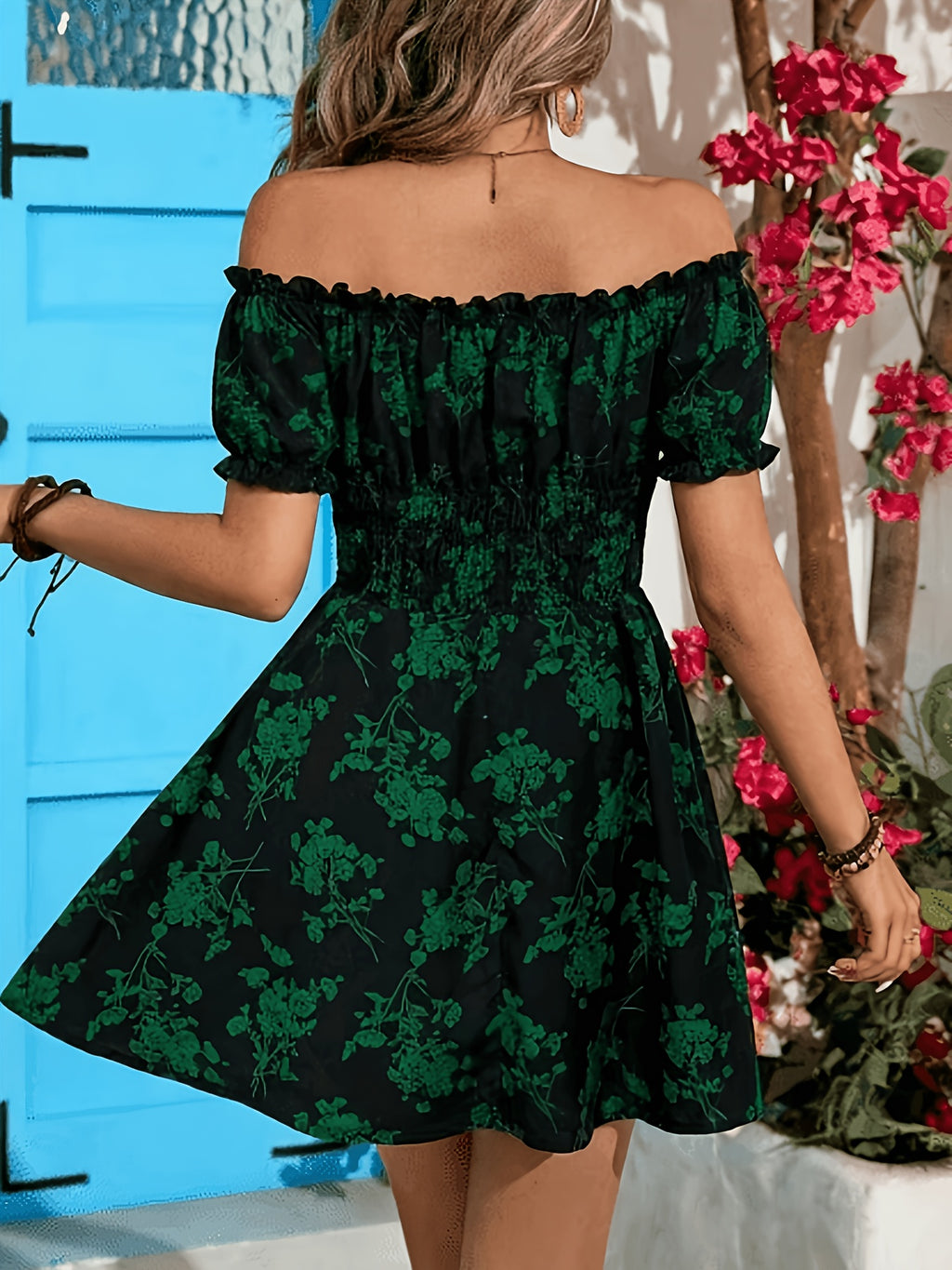 Spring/Summer Holiday Pattern Off-Shoulder Slim Dress - Green Flower