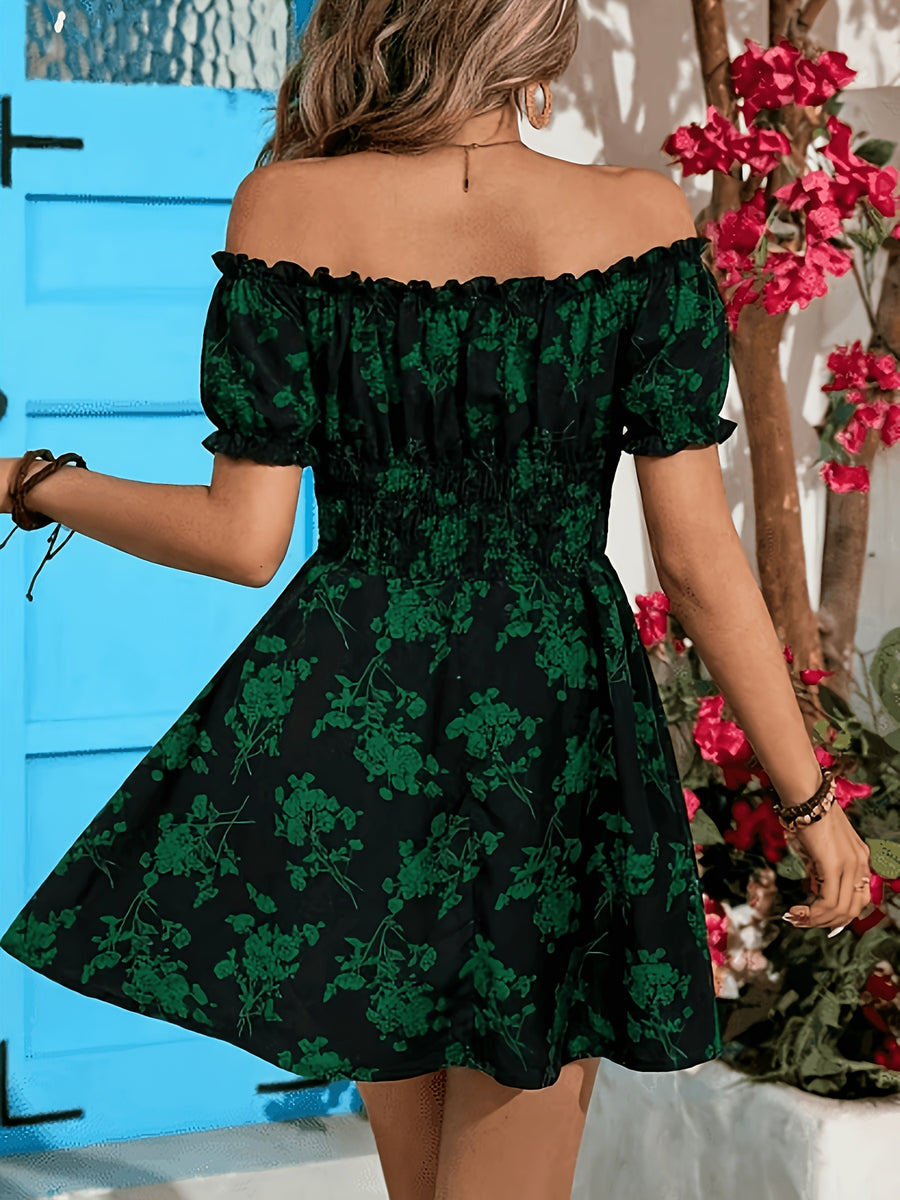 Spring/Summer Holiday Pattern Off-Shoulder Slim Dress - Green Flower