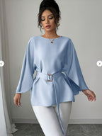 Women'S Round Neck Long Sleeve Wide Waist Tie-Up Elegant Noble Versatile Top Trendy - Light Blue