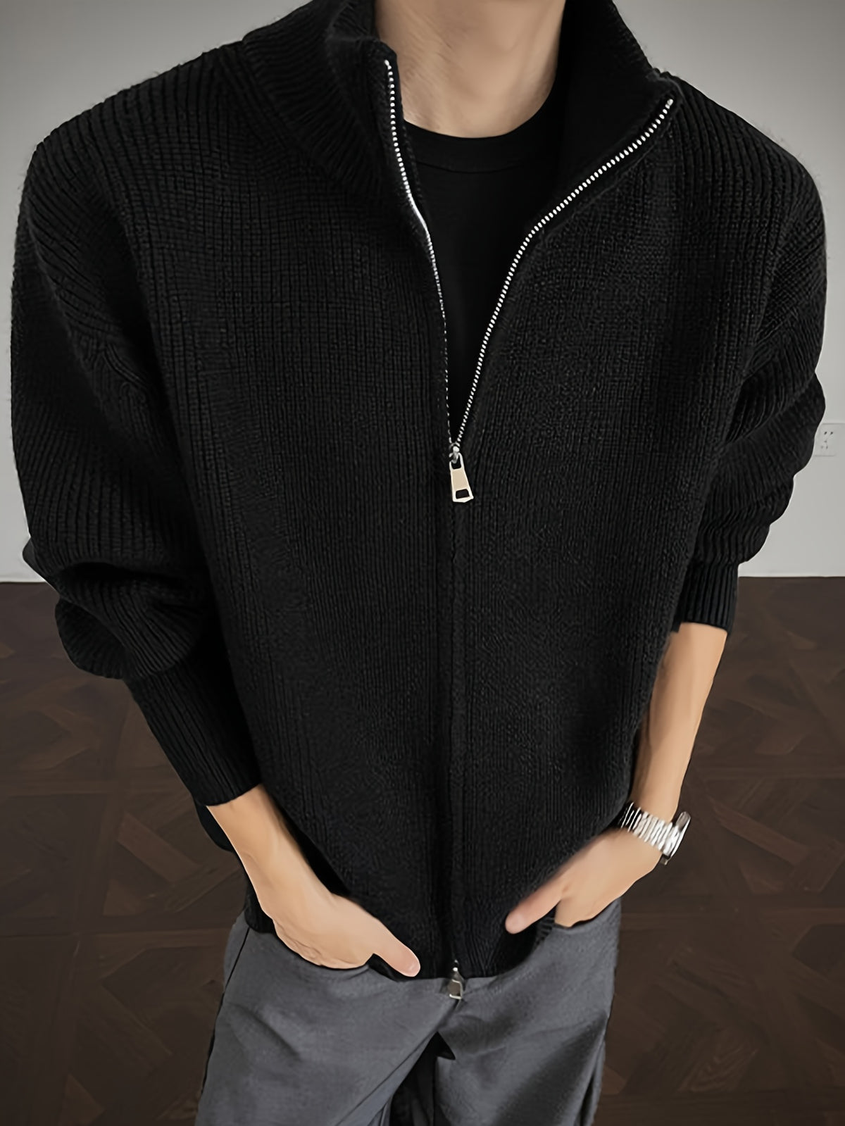 Men'S Fashion High-Weight Solid Color Casual Sweater Cardigan, Loose Fit. Suitable for Autumn Winter Daily Casual Wear, Knit - Black