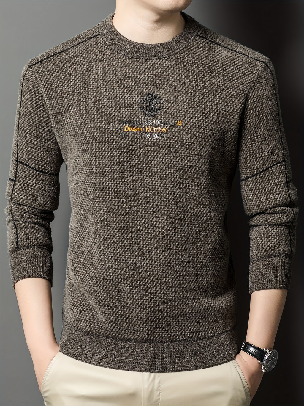New Winter Men's Sweater, Crew Neck, Thickened and Warm, Men's Winter Clothing, Fashionable, Casual, and Comfortable Pullover Knitwear, Men's Winter -Lined Sweater, Men's Apparel with Letter Chest Logo, Winter Gift for Men - Dark Brown