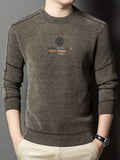 New Winter Men's Sweater, Crew Neck, Thickened and Warm, Men's Winter Clothing, Fashionable, Casual, and Comfortable Pullover Knitwear, Men's Winter -Lined Sweater, Men's Apparel with Letter Chest Logo, Winter Gift for Men - Dark Brown