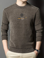 New Winter Men's Sweater, Crew Neck, Thickened and Warm, Men's Winter Clothing, Fashionable, Casual, and Comfortable Pullover Knitwear, Men's Winter -Lined Sweater, Men's Apparel with Letter Chest Logo, Winter Gift for Men - Dark Brown