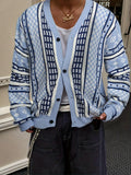 Men's New Autumn/Winter Streetwear American Style Solid Color Vertical Stripe Hard Line Fairytale Style Simple Commuter Versatile Cable Knit Button V-Neck Cardigan Sweater Open Front Fabric Long Sleeve Knitted Outerwear - Blue