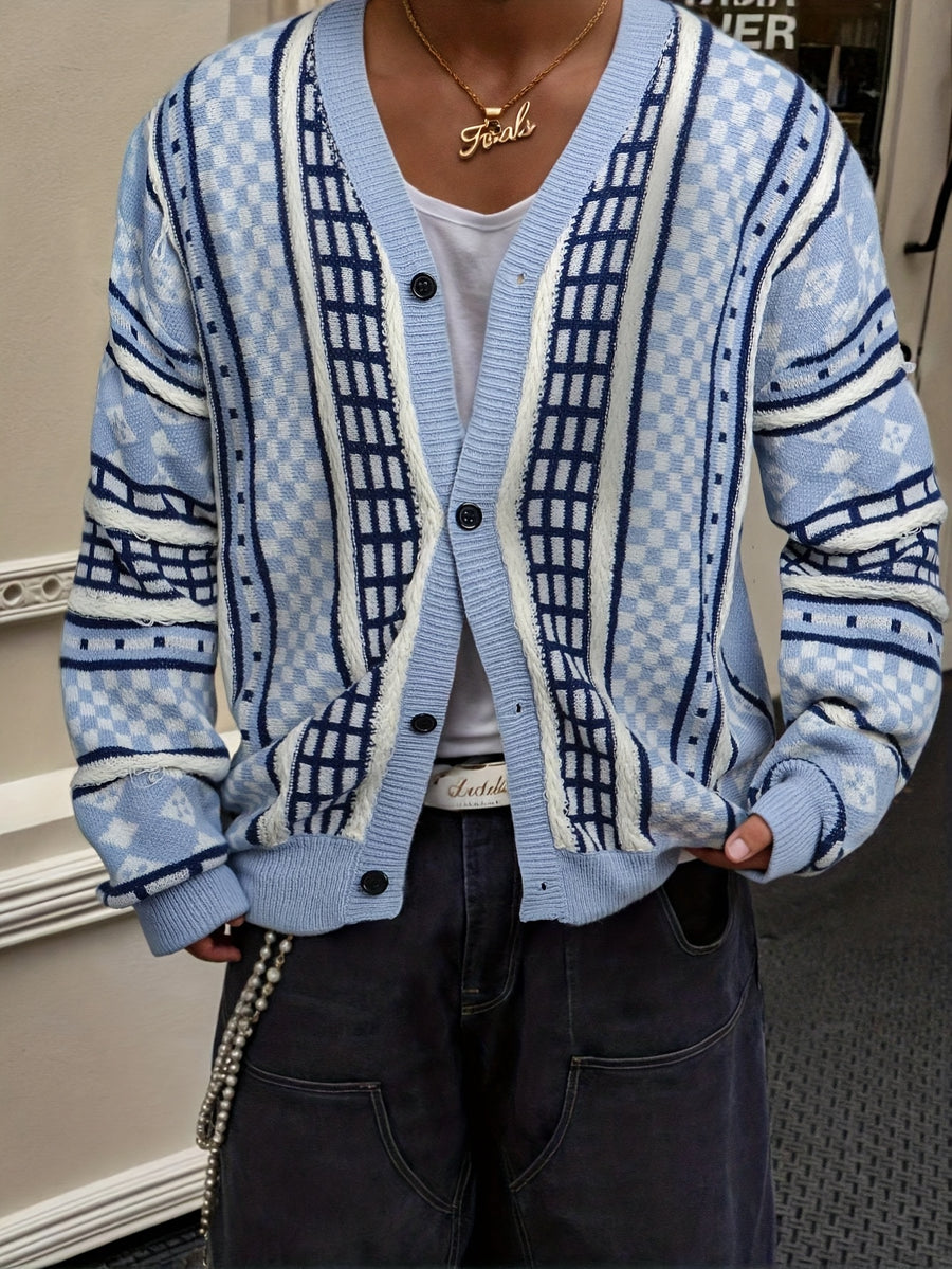 Men's New Autumn/Winter Streetwear American Style Solid Color Vertical Stripe Hard Line Fairytale Style Simple Commuter Versatile Cable Knit Button V-Neck Cardigan Sweater Open Front Fabric Long Sleeve Knitted Outerwear - Blue