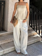 Lace-trimmed Solid Color Spaghetti Strap Top - Apricot