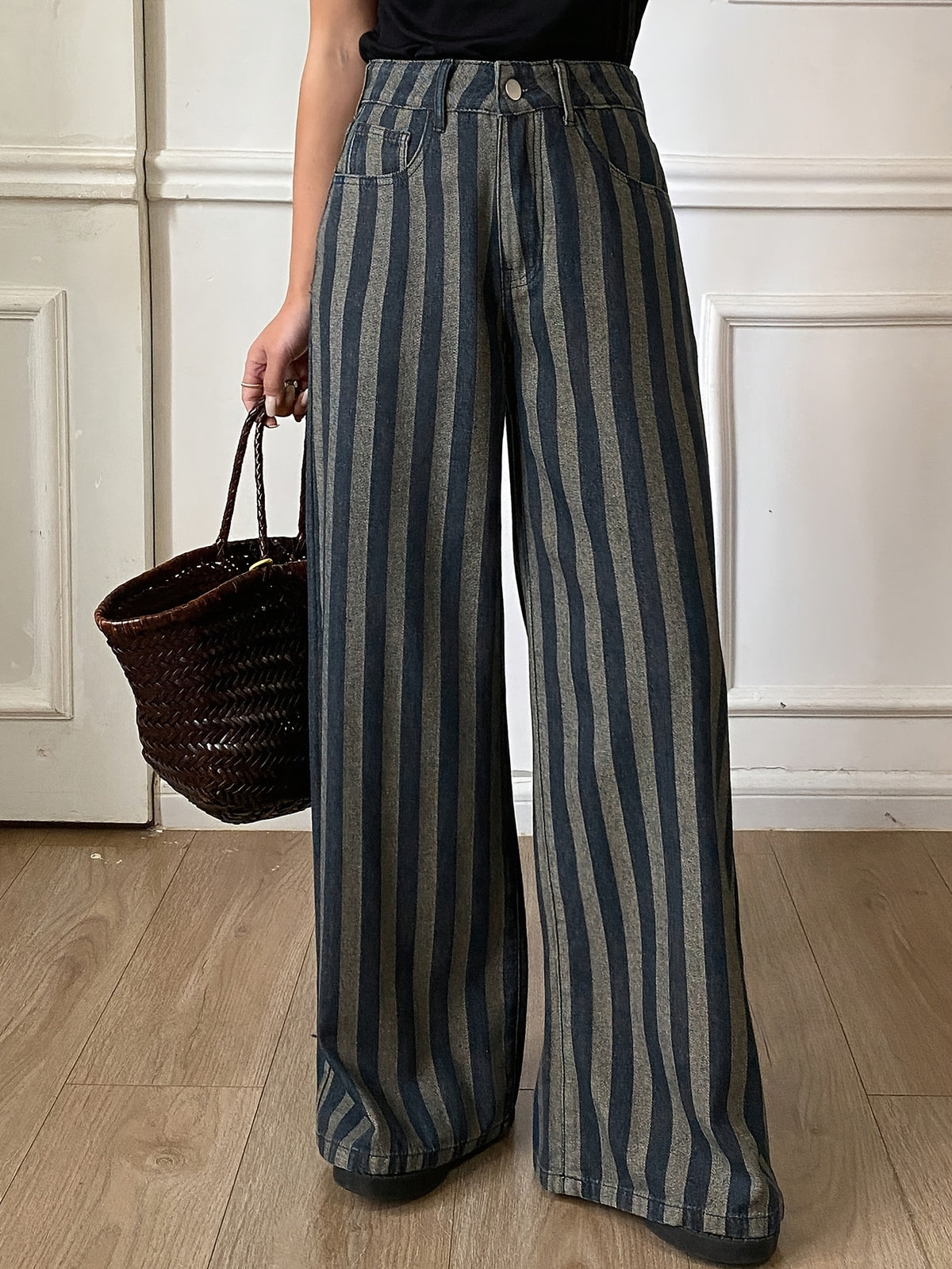 YIWEIDI Autumn Winter Dark Plaid Thin Stripe Color-Block Patchwork Loose Business Casual Office Wear Wide-Leg Straight Long Pants Women'S Jeans - Multicolor