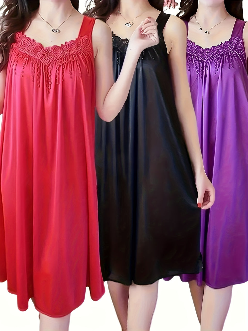 3pcs Set Women'S New Solid Sexy Lace Summer Ice Fiber Fabric Camisole Style Nightgown Outwear Home Wear - Red+Black+Dark Purple