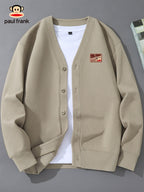 Paul Frank Men's Knit Casual Button-Up Cardigan with Slanted Monkey Logo Print - Light Coffee
