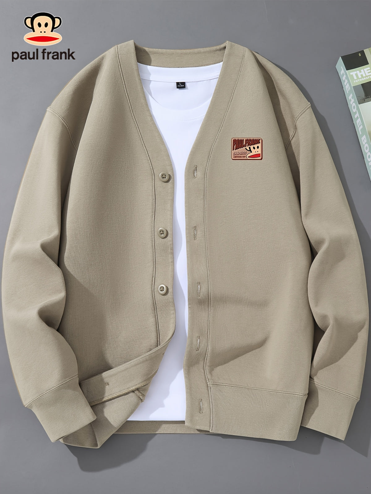 Paul Frank Men's Knit Casual Button-Up Cardigan with Slanted Monkey Logo Print - Light Coffee